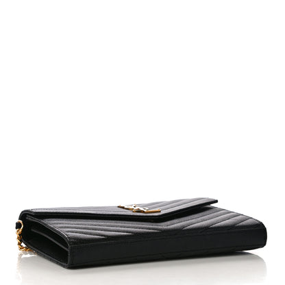 Saint Laurent Grain De Poudre Matelasse Chevron Monogram Chain Wallet Black 4 of 11