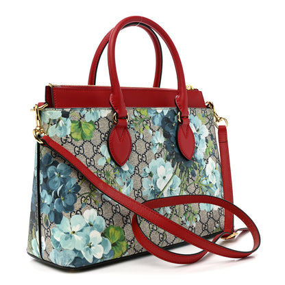 Gucci GG Supreme Monogram Blooms Small Zip Top Tote Beige Blue Navy Hibiscus Red 3 of 10