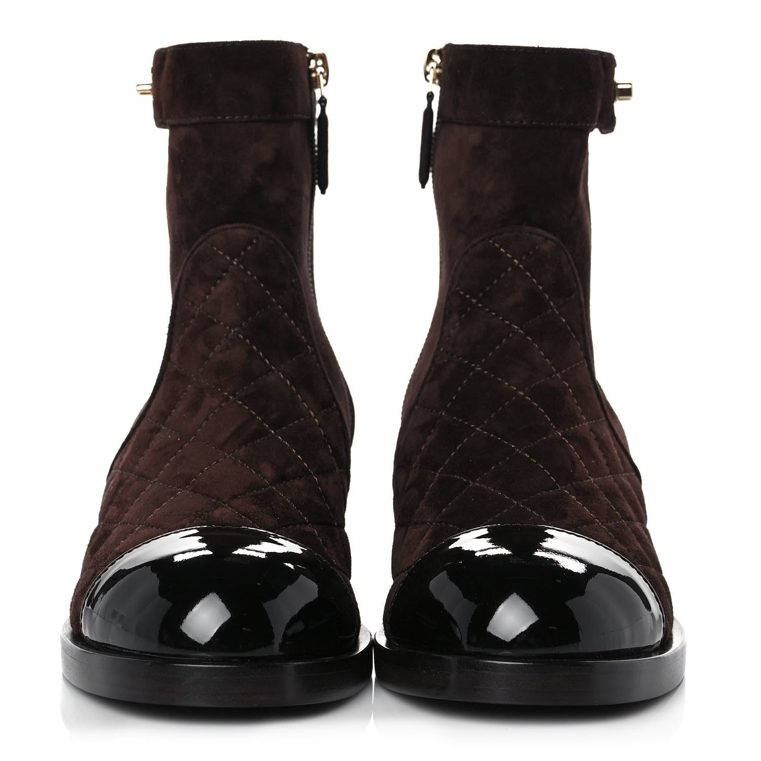 Chanel Suede Patent Calfskin Quilted Cap Toe Short Boots 36 Brown Black 2 of 9