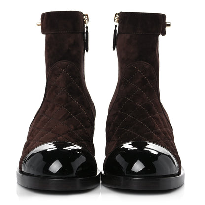 Chanel Suede Patent Calfskin Quilted Cap Toe Short Boots 36 Brown Black 2 of 9