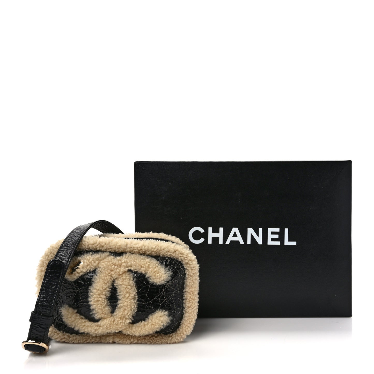 Shiny Crumpled Sheepskin Shearling Waist Bag Black Beige