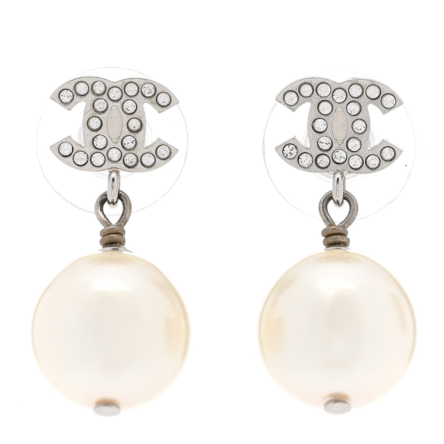 Chanel Crystal Pearl CC Drop Earrings Silver Pearly White 1 of 5
