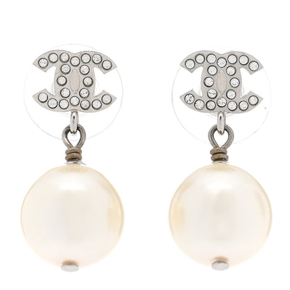 Chanel Crystal Pearl CC Drop Earrings Silver Pearly White 1 of 5