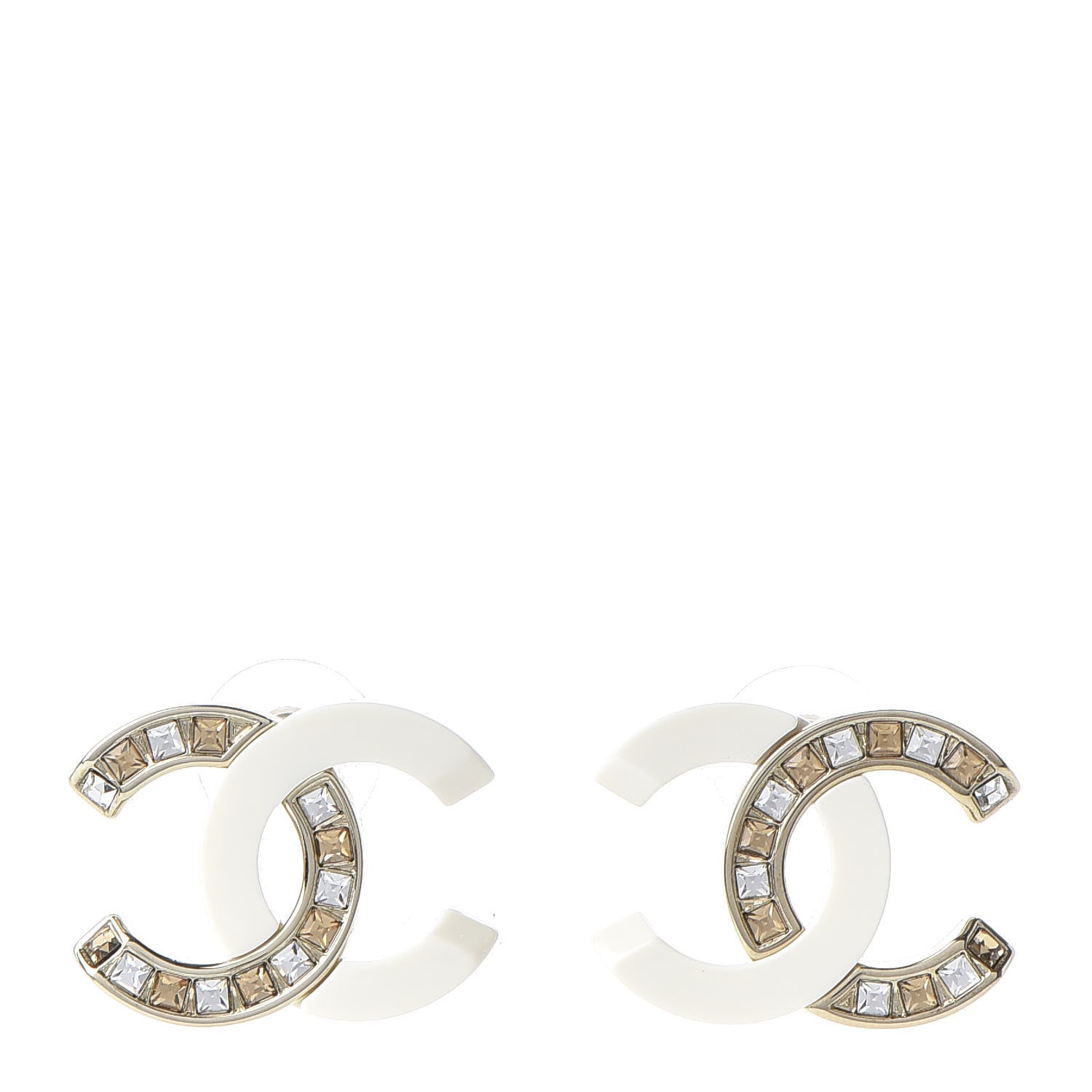 Chanel Resin Crystal Baguette CC Earrings Gold White 1 of 5