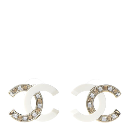 Chanel Resin Crystal Baguette CC Earrings Gold White 1 of 5