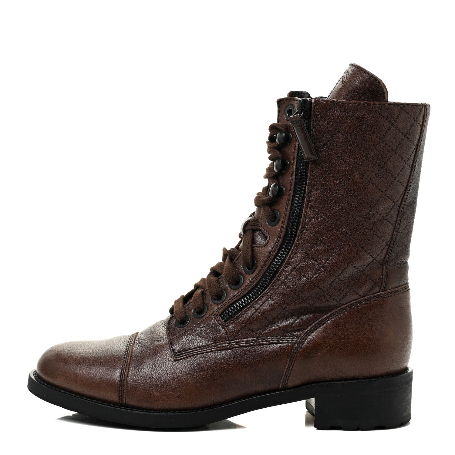 Chanel Sheepskin Quilted CC Tall Lace Up Combat Boots 41 Dark Brown 1 of 14