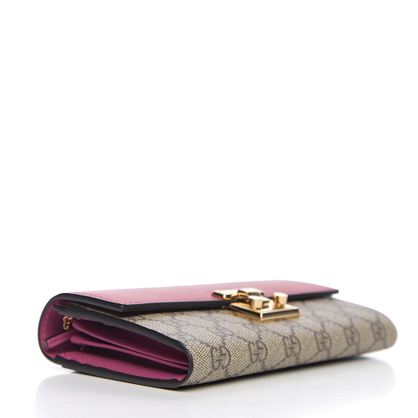 GG Supreme Monogram Moon Calfskin Padlock Continental Chain Wallet Beige Ebony Hibiscus Red New Rosette