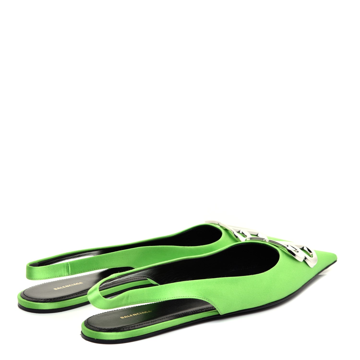Balenciaga Satin BB Knife Pointy Toe Slingback Flats 39 Neon Green 4 of 10