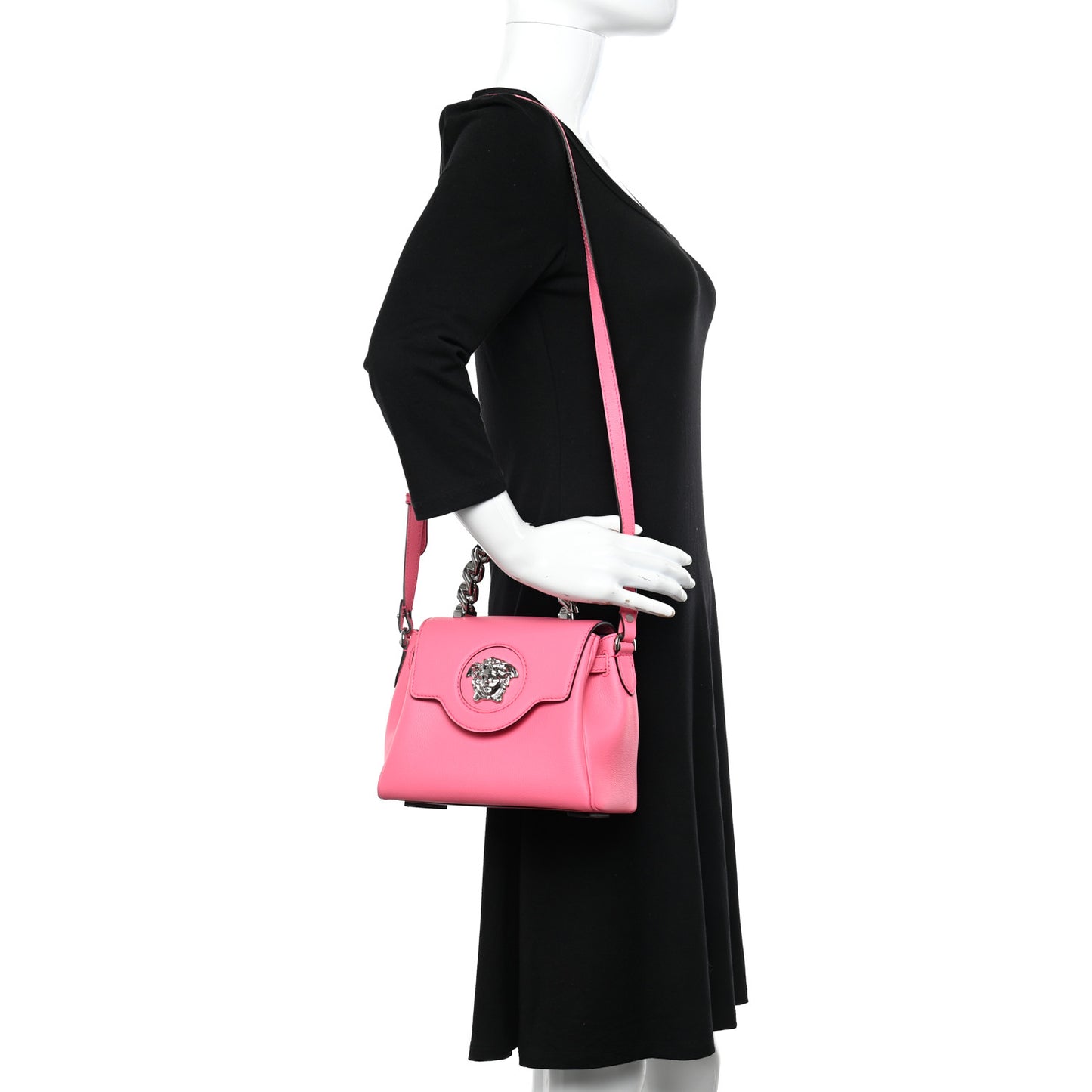 Grained Calfskin Small Chain La Medusa Top Handle Bag Pink
