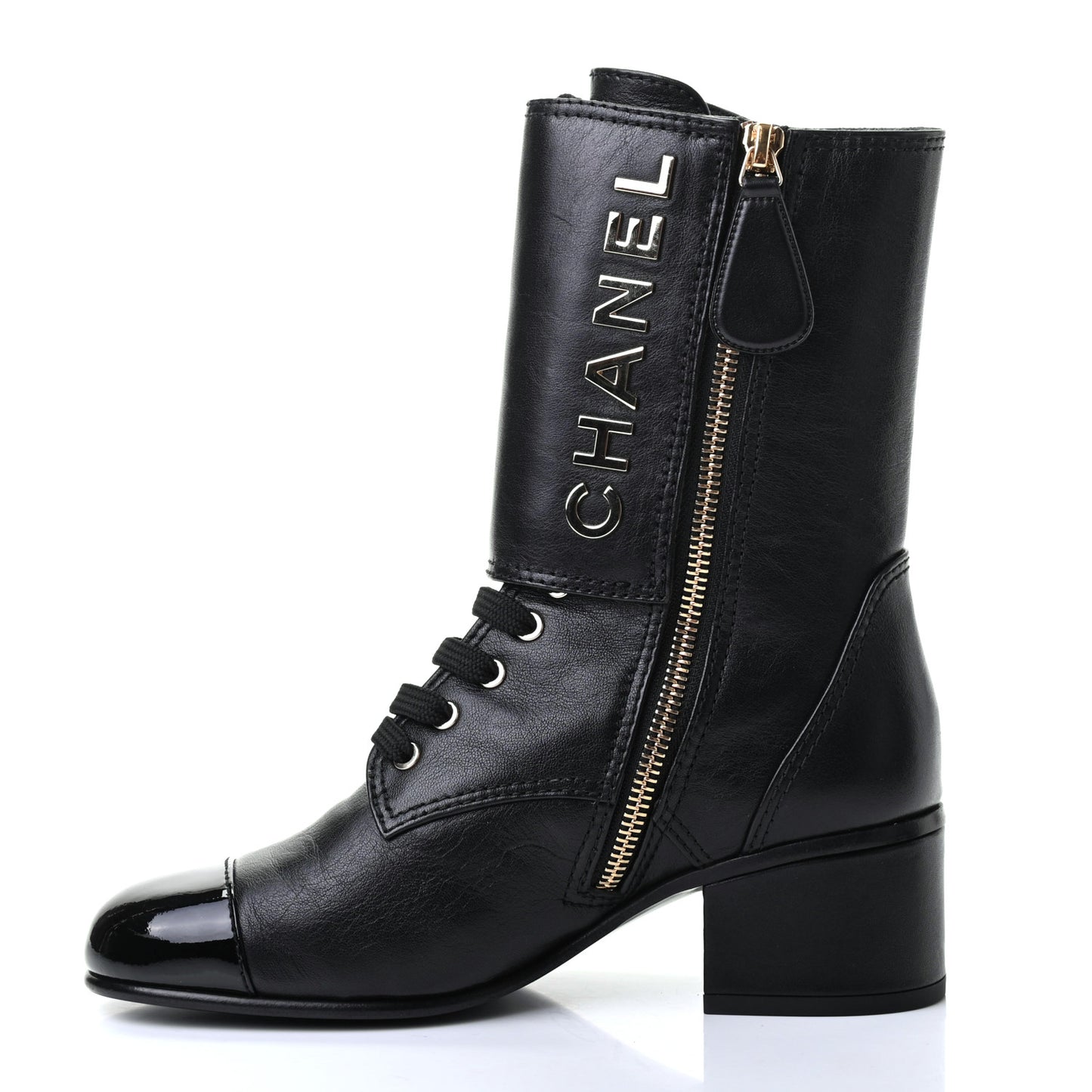 Calfskin Patent Cap Toe CC Lace Up Boots 36 Black