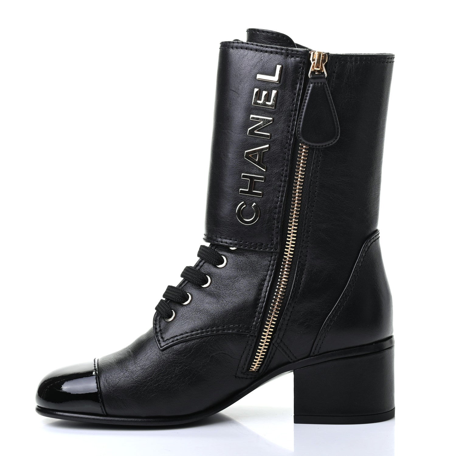 Chanel Calfskin Patent Cap Toe CC Lace Up Boots 36 Black 9 of 10