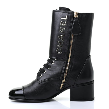 Chanel Calfskin Patent Cap Toe CC Lace Up Boots 36 Black 9 of 10