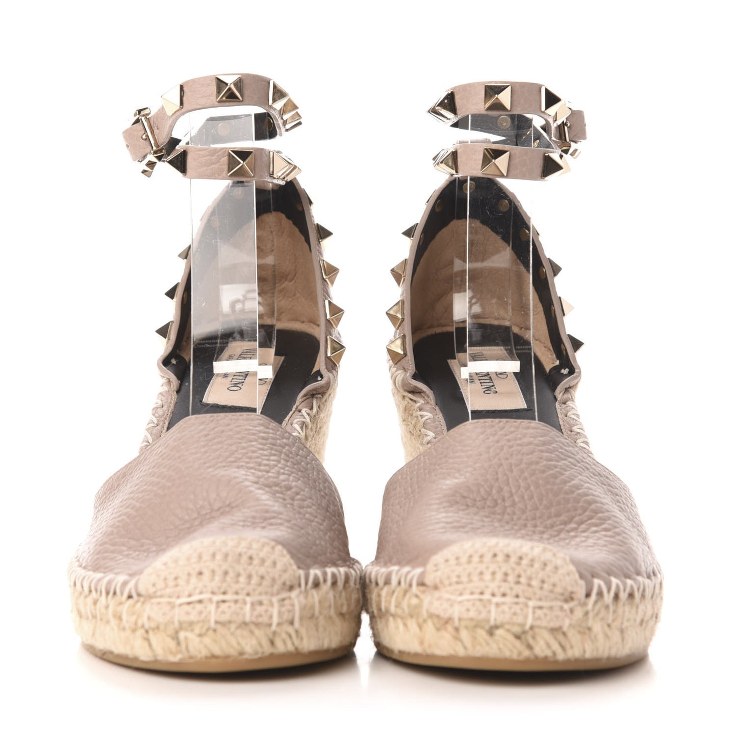 Grained Calfskin Rockstud Ankle Wrap Espadrille 15/85mm Wedges 36 Poudre Natural