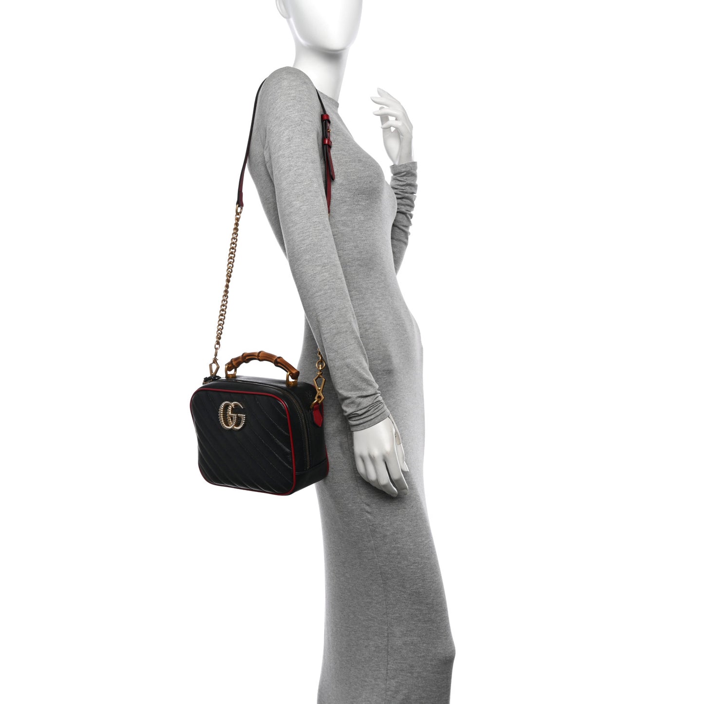 Vintage Effect Calfskin Matelasse Diagonal Small Torchon GG Marmont Bamboo Top Handle Shoulder Bag Black Romantic Cherry