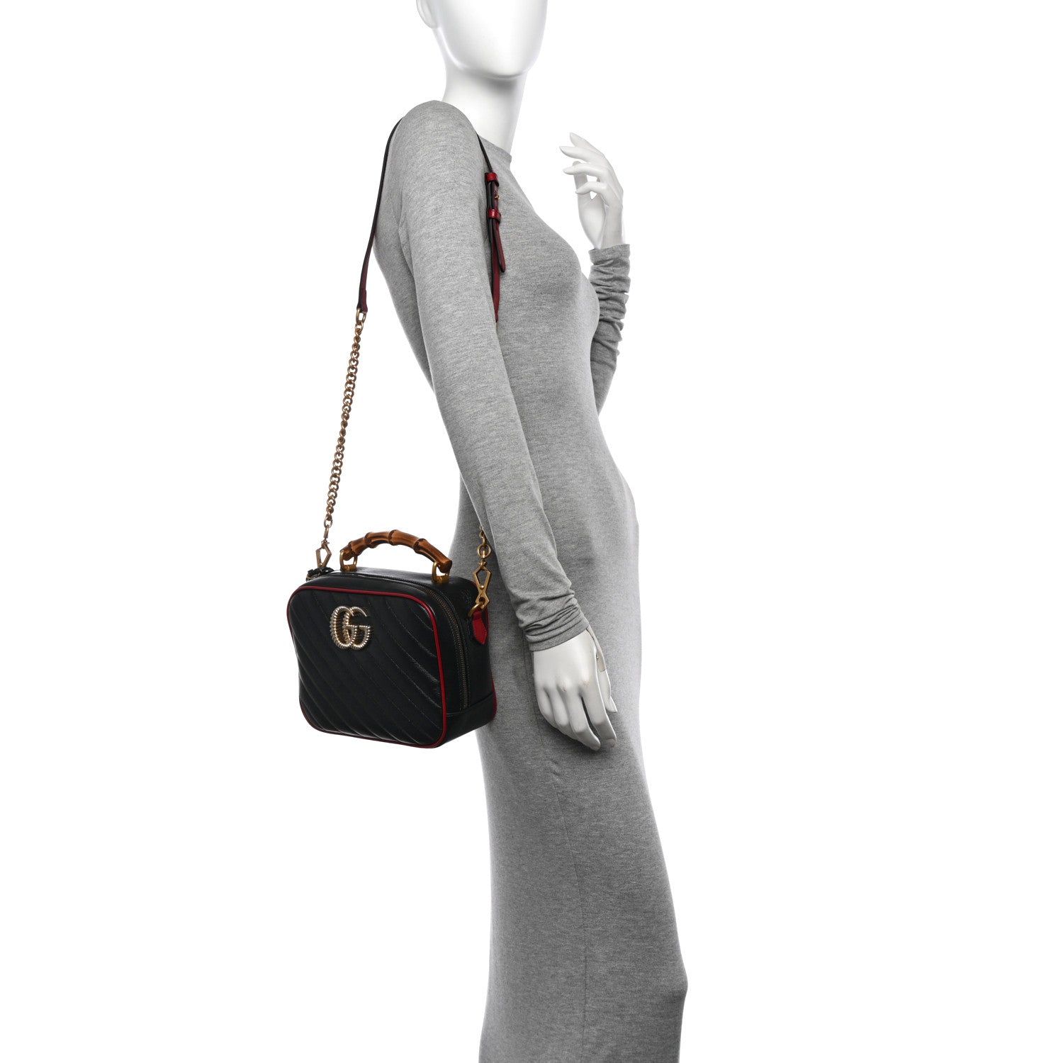 Gucci Vintage Effect Calfskin Matelasse Diagonal Small Torchon GG Marmont Bamboo Top Handle Shoulder Bag Black Romantic Cherry 2 of 11