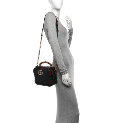 Gucci Vintage Effect Calfskin Matelasse Diagonal Small Torchon GG Marmont Bamboo Top Handle Shoulder Bag Black Romantic Cherry 2 of 11