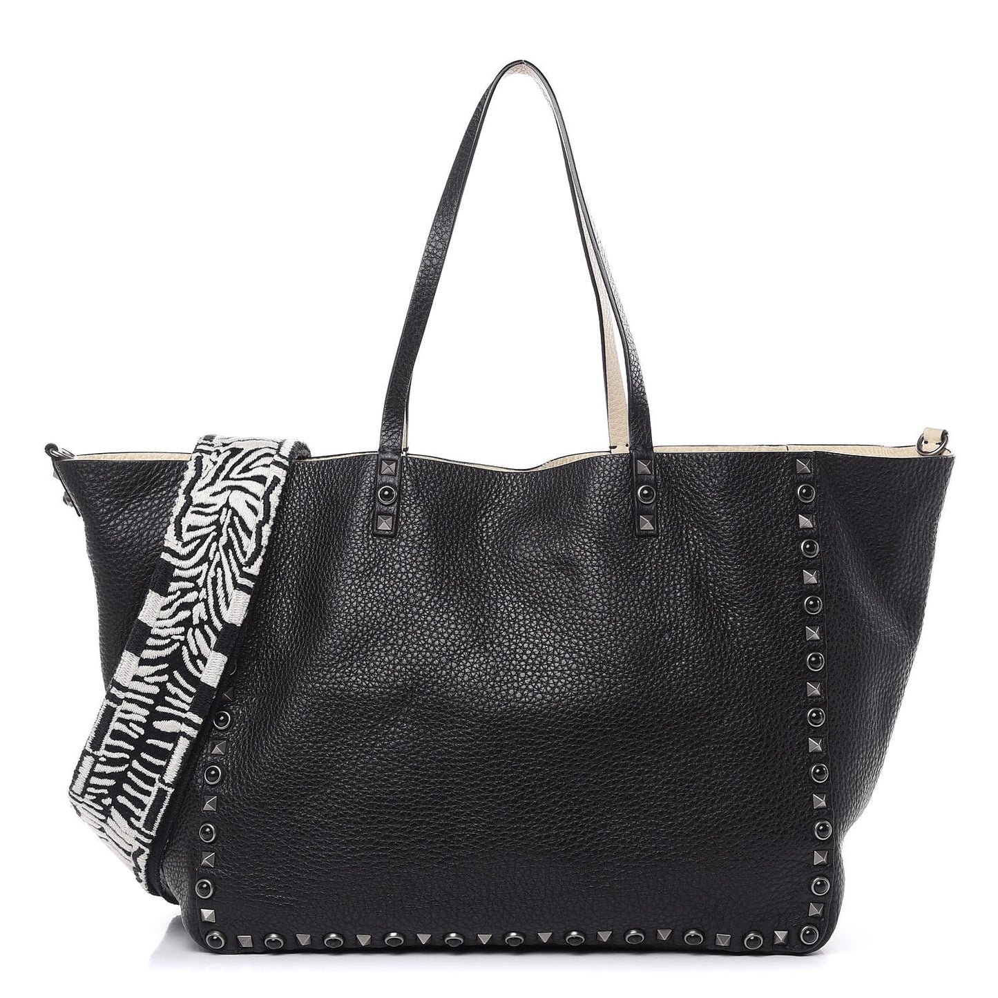 Stampa Alce Calfskin Medium Guitar Strap Rockstud Rolling Reversible Tote Black Ivory