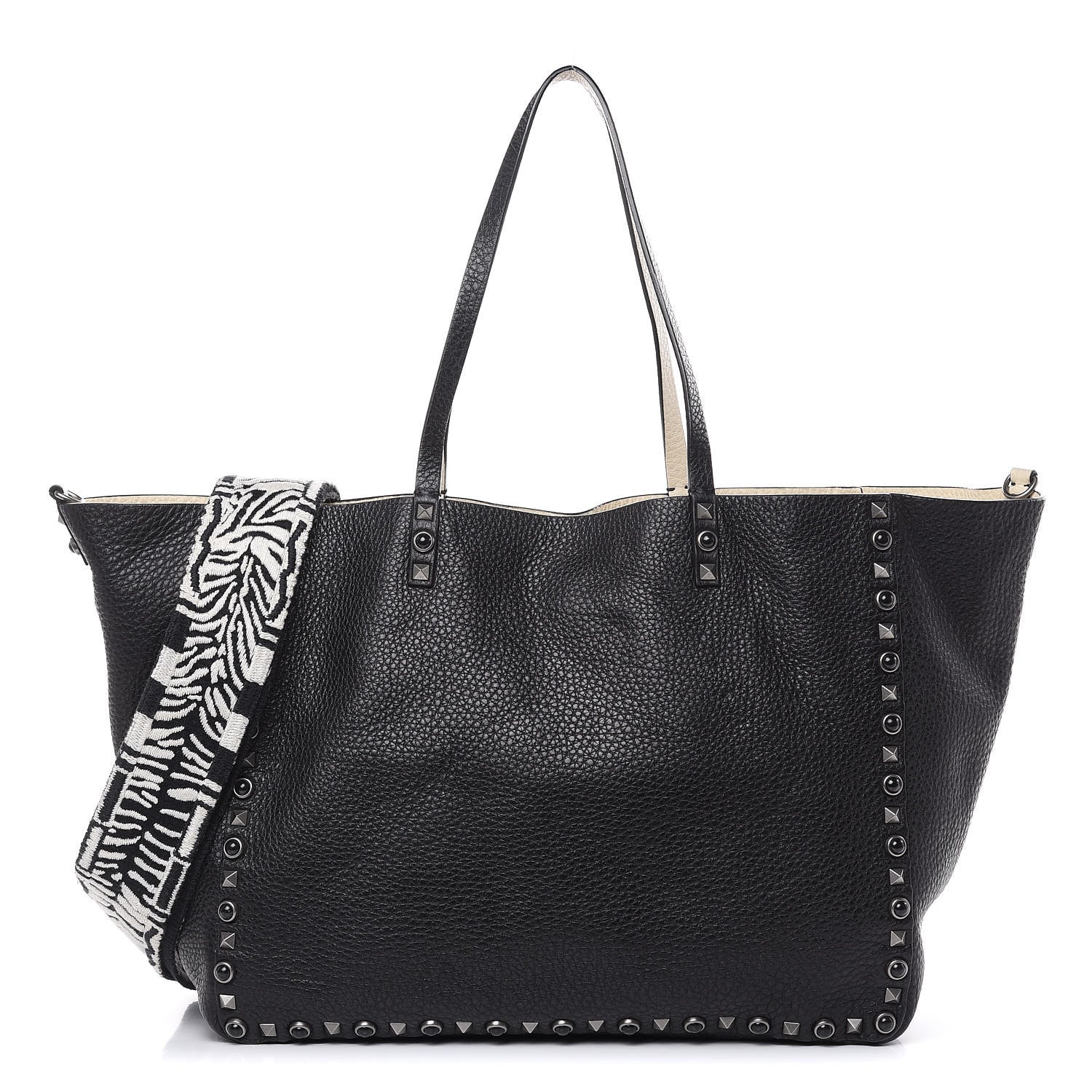 Valentino Garavani Stampa Alce Calfskin Medium Guitar Strap Rockstud Rolling Reversible Tote Black Ivory 1 of 14