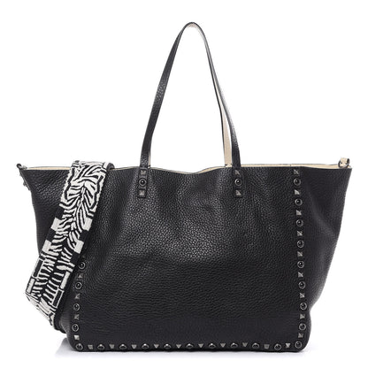 Valentino Garavani Stampa Alce Calfskin Medium Guitar Strap Rockstud Rolling Reversible Tote Black Ivory 1 of 14