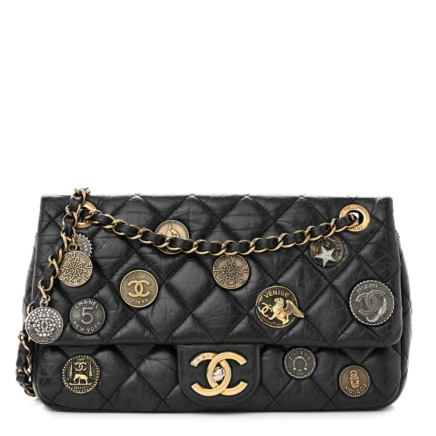 Aged Calfskin Quilted Medium Medallion Flap Black