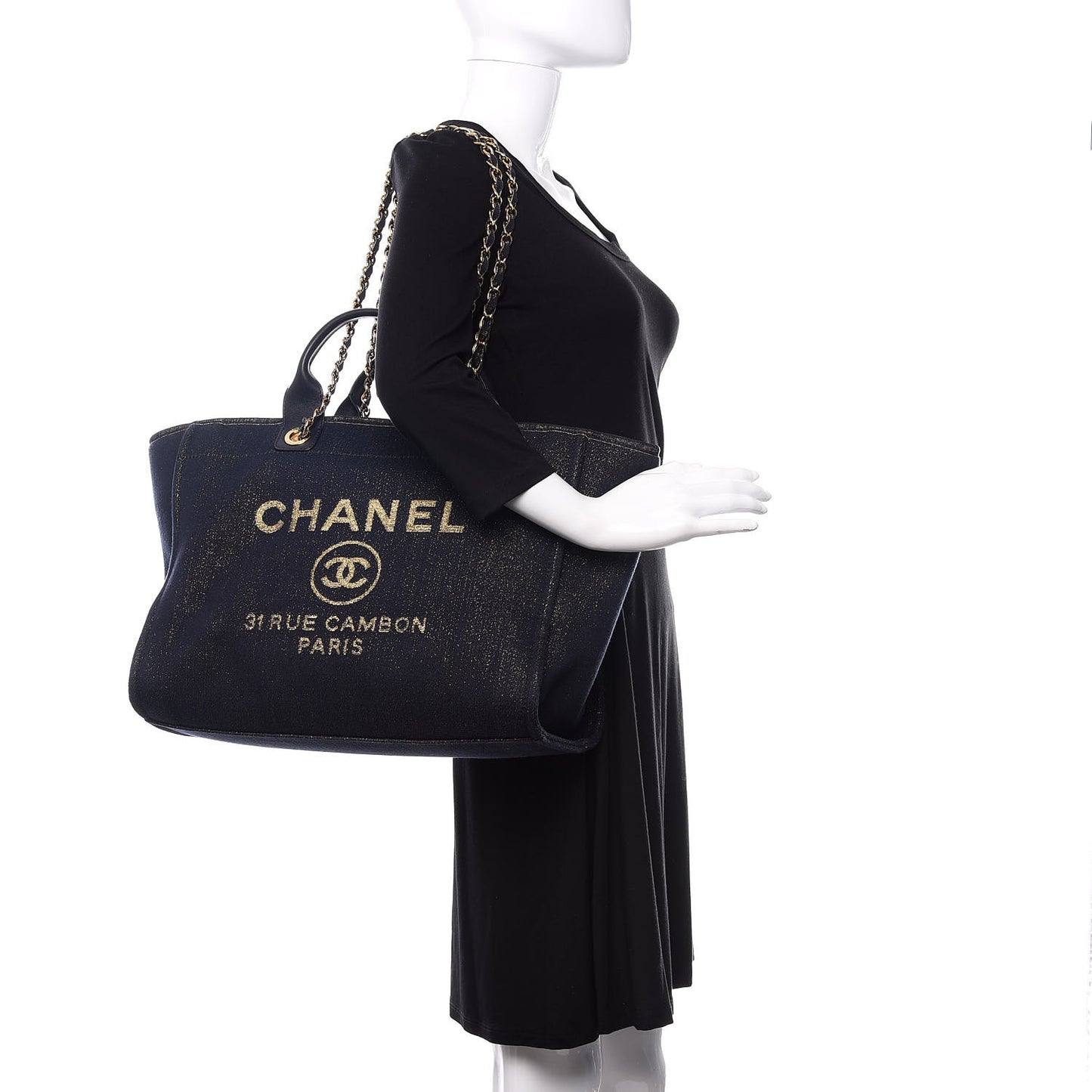 Lurex Canvas Medium Deauville Tote Navy Blue Gold