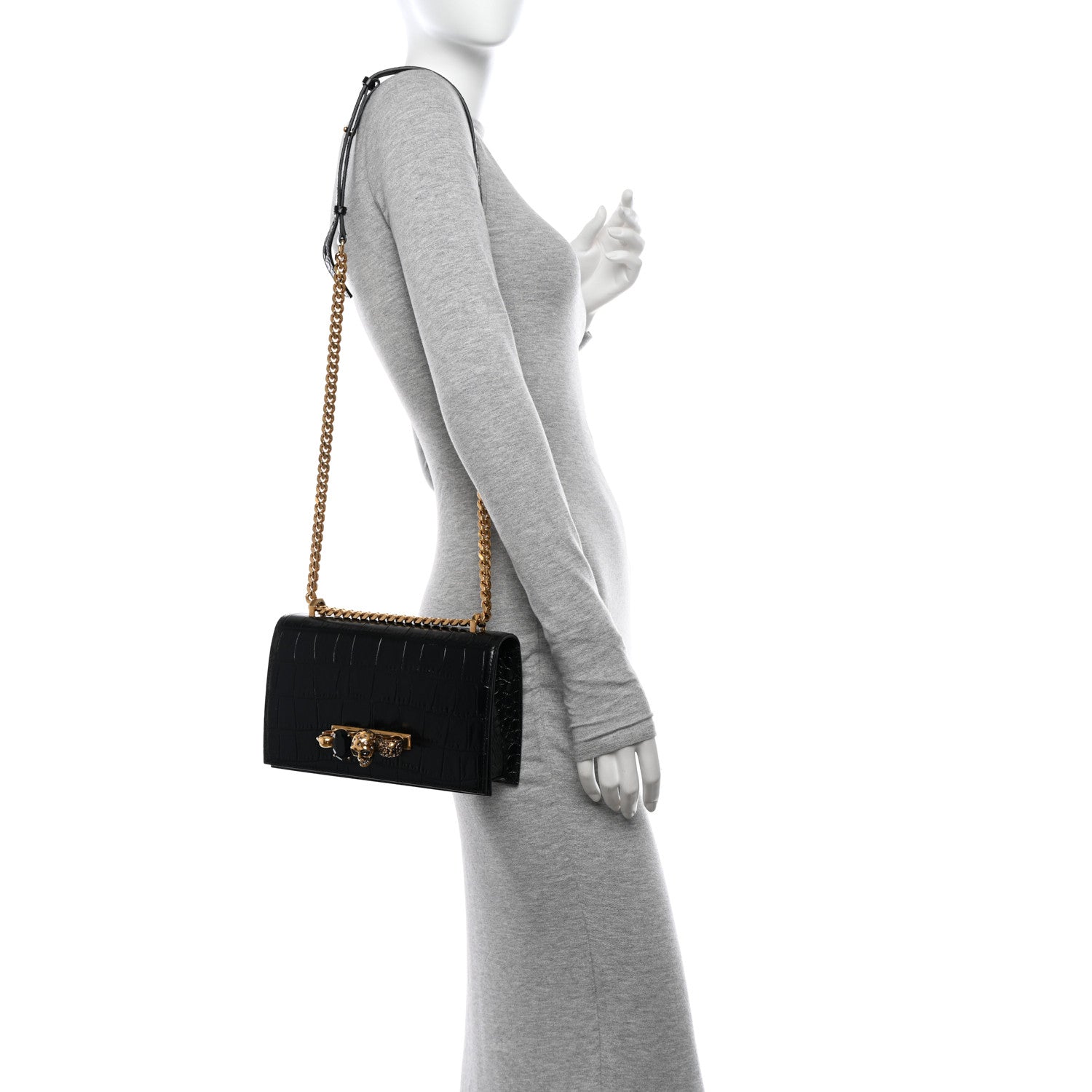 Alexander McQueen Shiny Crocodile Embossed Jeweled Satchel Black 2 of 9