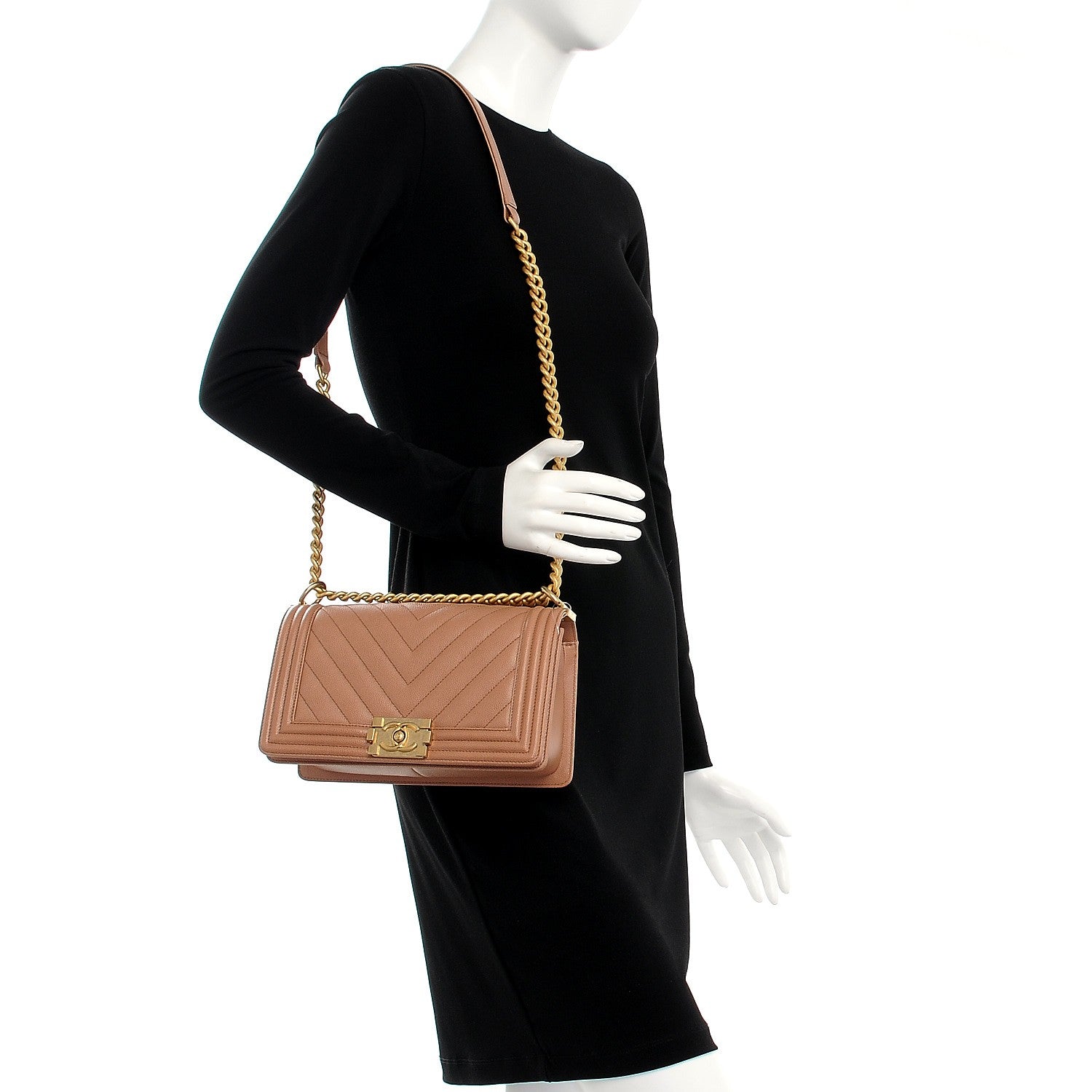 Chanel Caviar Chevron Quilted Medium Boy Flap Dark Beige 2 of 8