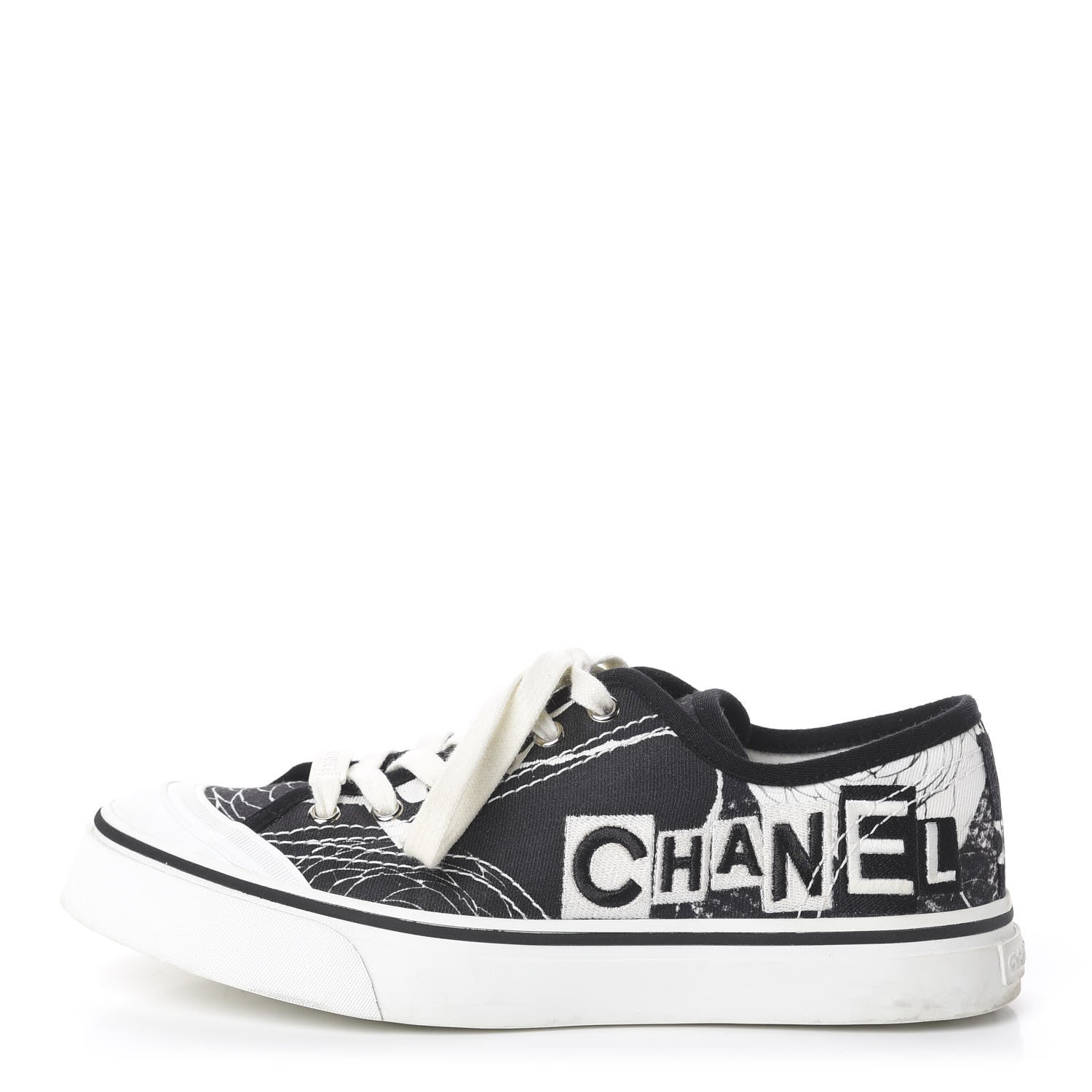 Chanel Printed Fabric Low Top Logo Sneakers 38.5 White Black 1 of 7