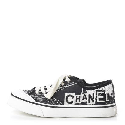 Chanel Printed Fabric Low Top Logo Sneakers 38.5 White Black 1 of 7