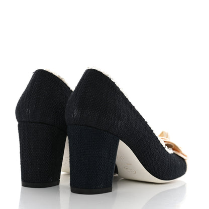 Chanel Tweed Escarpins Camellia CC Pumps 37.5 Navy White 4 of 13