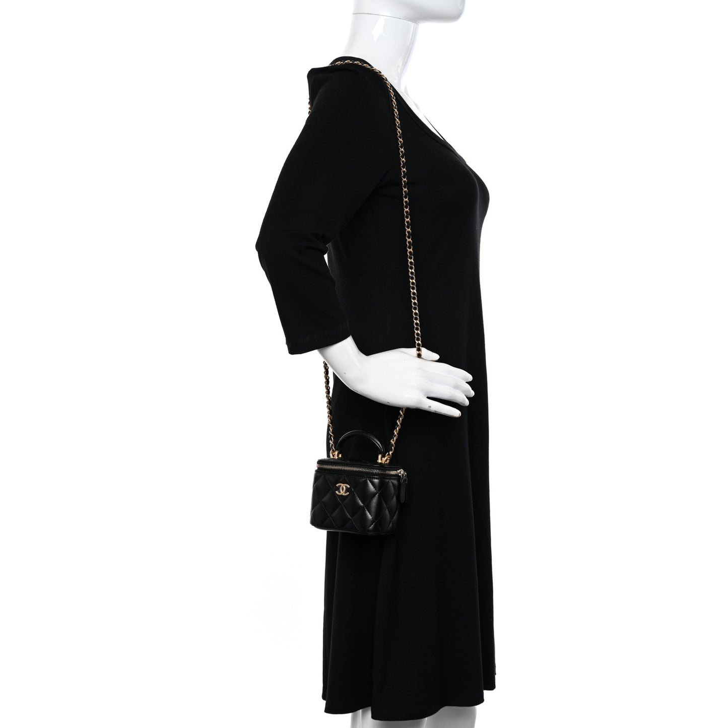 Lambskin Quilted Top Handle Mini Vanity Case With Chain Black