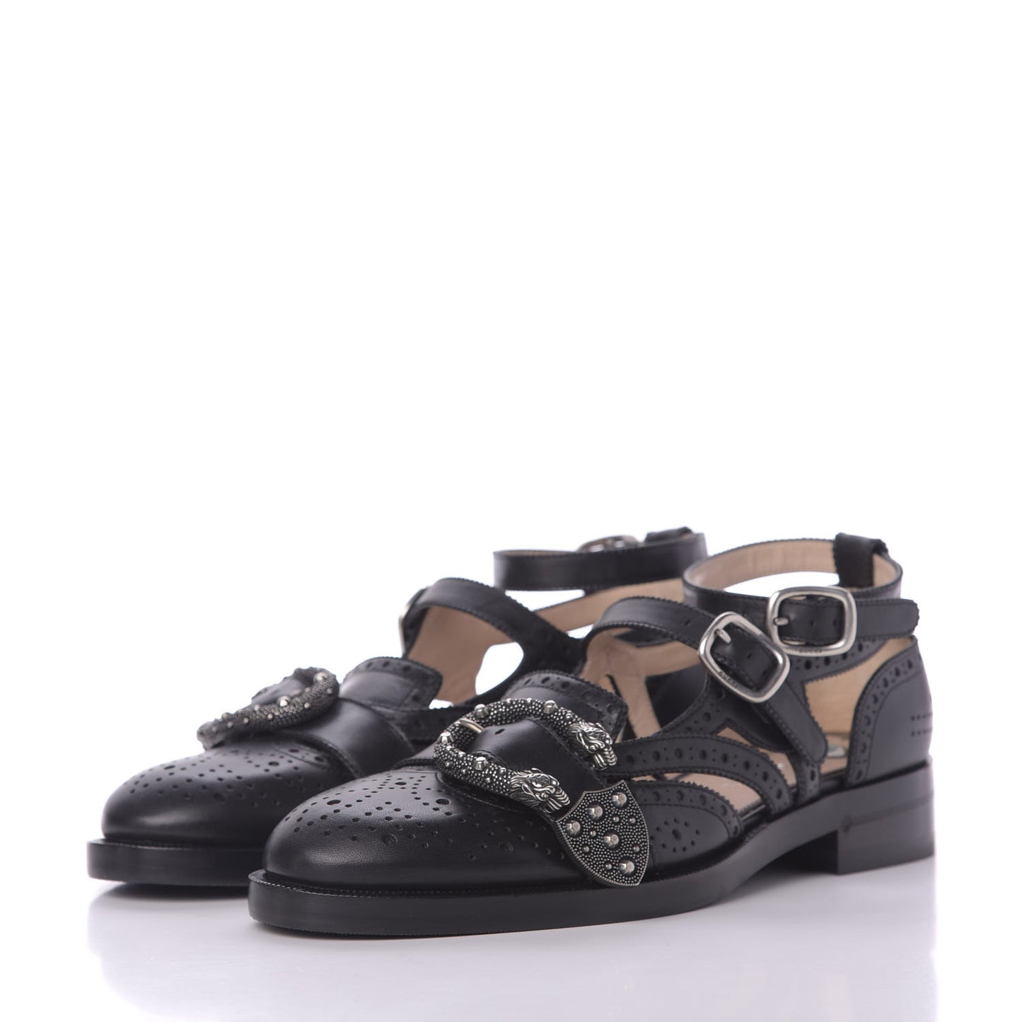 Calfskin Bee Embroidered Womens Queercore Brogue Wingtip Monk Strap Loafers 37.5 Black