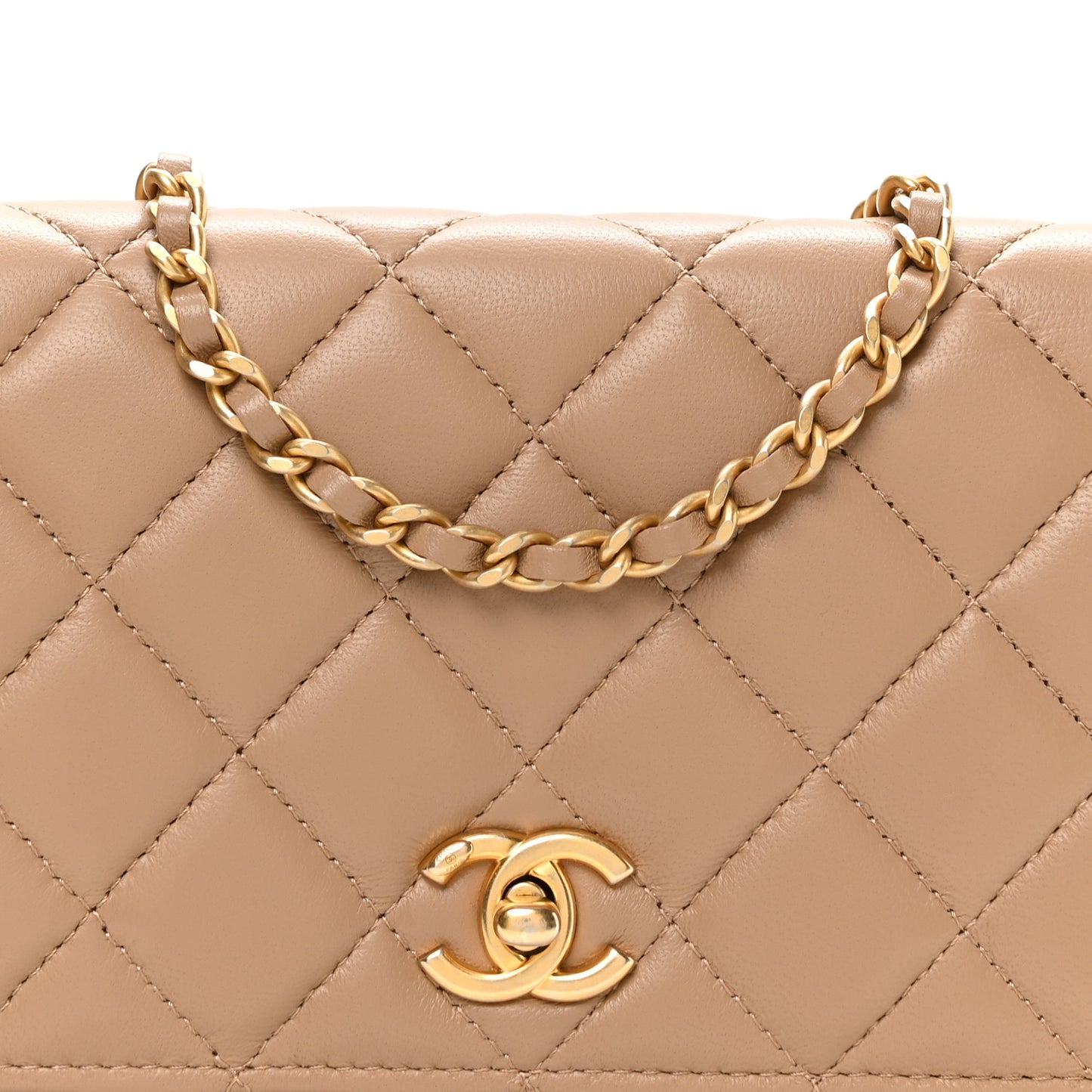 Lambskin Quilted CC Pearl Crush Wallet on Chain WOC Beige