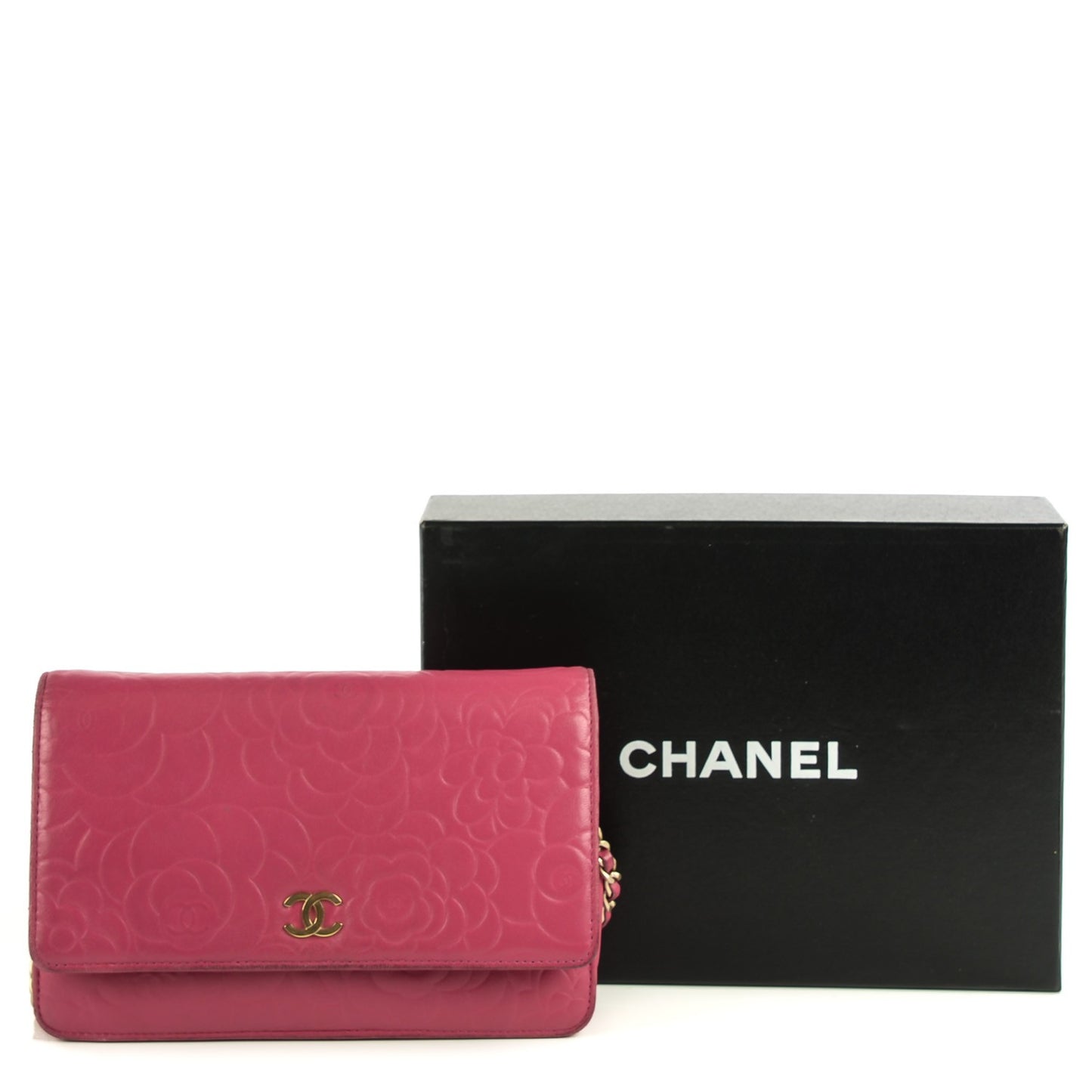 Lambskin Camellia Embossed Wallet On Chain WOC Pink