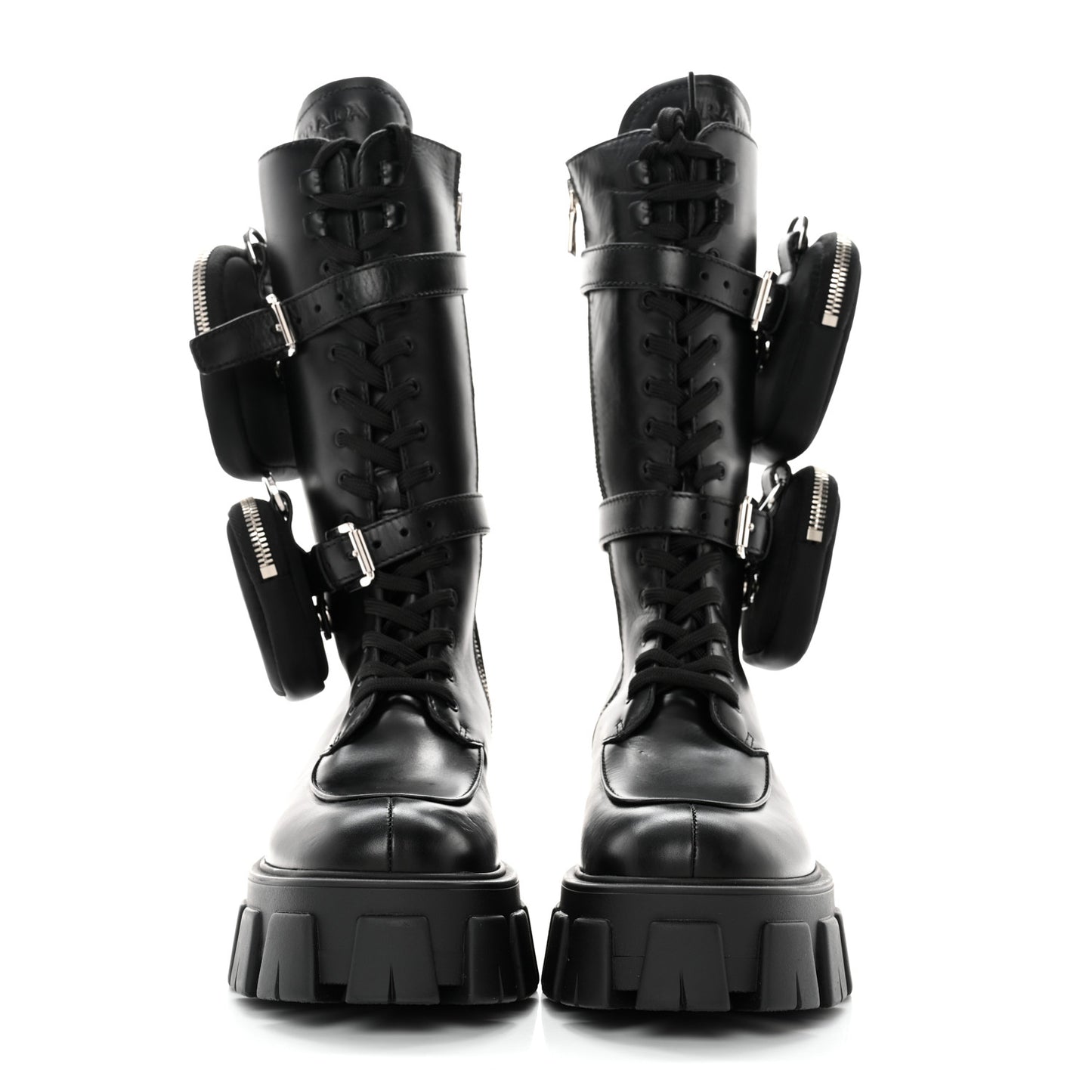 Vitello Lux Nylon Metal Triangle Logo Monolith Pouch Pocket 55mm Tall Combat Boots 36.5 Black