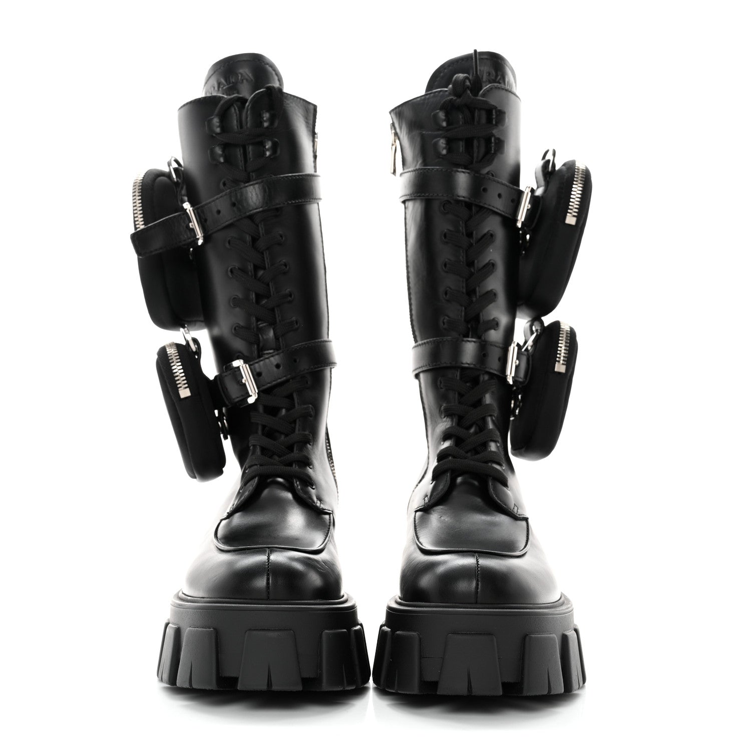 Prada Vitello Lux Nylon Metal Triangle Logo Monolith Pouch Pocket 55mm Tall Combat Boots 36.5 Black 2 of 10