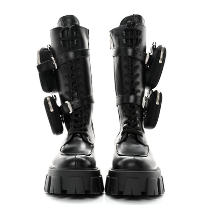Prada Vitello Lux Nylon Metal Triangle Logo Monolith Pouch Pocket 55mm Tall Combat Boots 36.5 Black 2 of 10