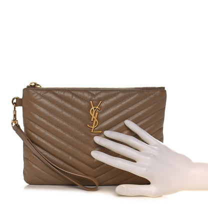 Saint Laurent Calfskin Matelasse Chevron Monogram Zip A4 Pouch Cork 2 of 12