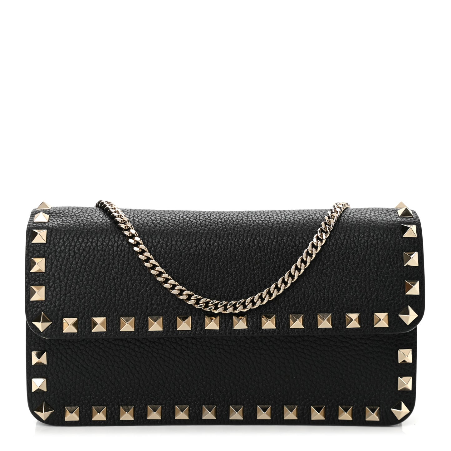 Pebbled Calfskin Rockstud Flap Wallet On Chain Black