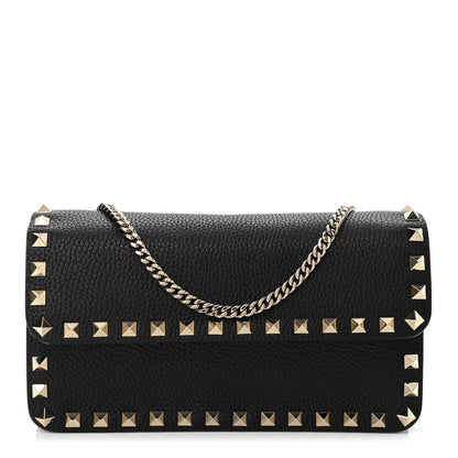 Valentino Garavani Pebbled Calfskin Rockstud Flap Wallet On Chain Black 1 of 9