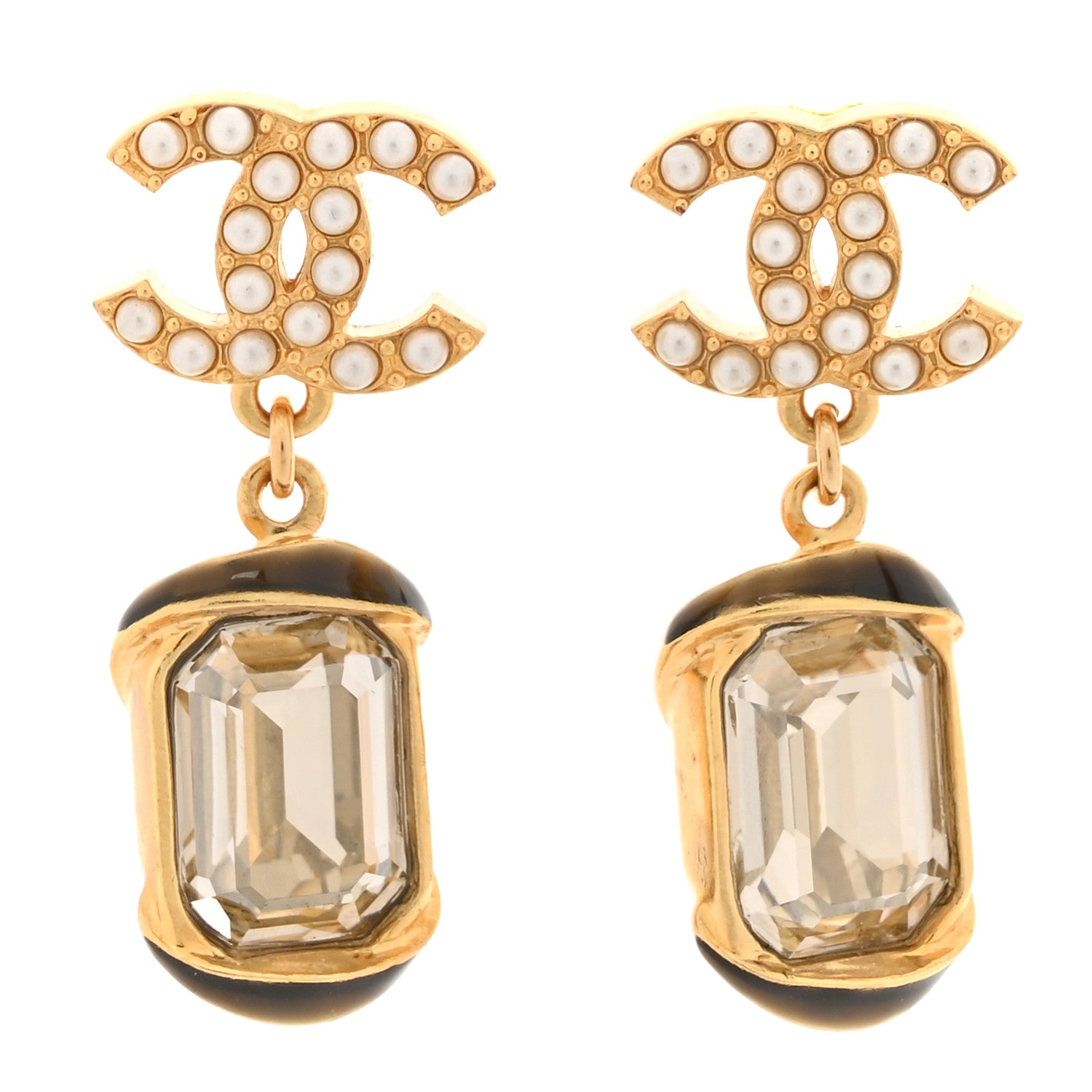 Chanel Crystal Pearl CC Drop Earrings Gold White 1 of 5