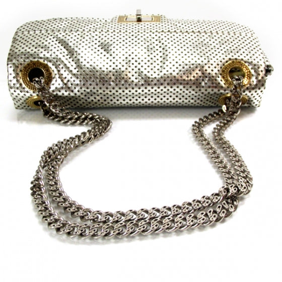 Metallic Crackled Calfskin Perforated Drill Flap Silver