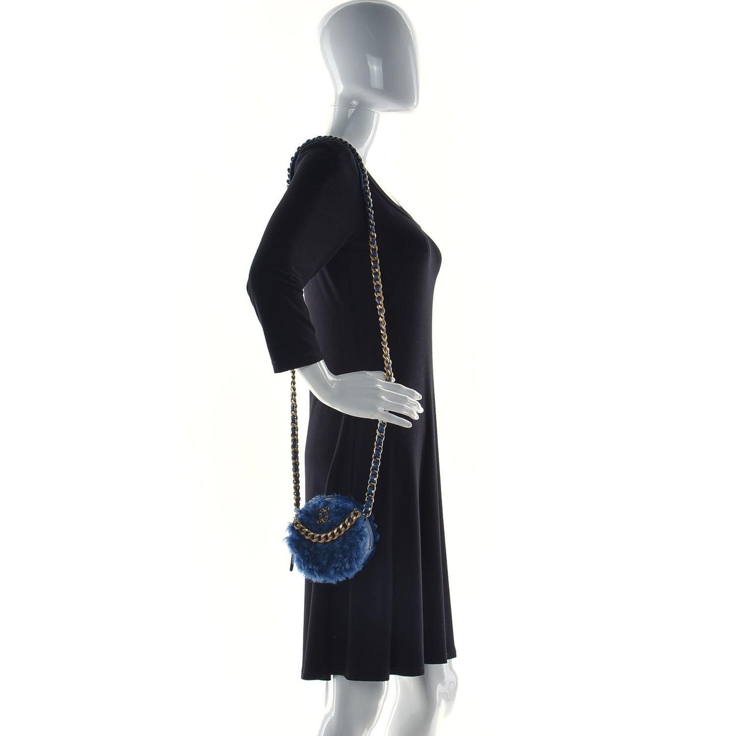 Shearling Sheepskin Chanel 19 Round Clutch With Chain Blue