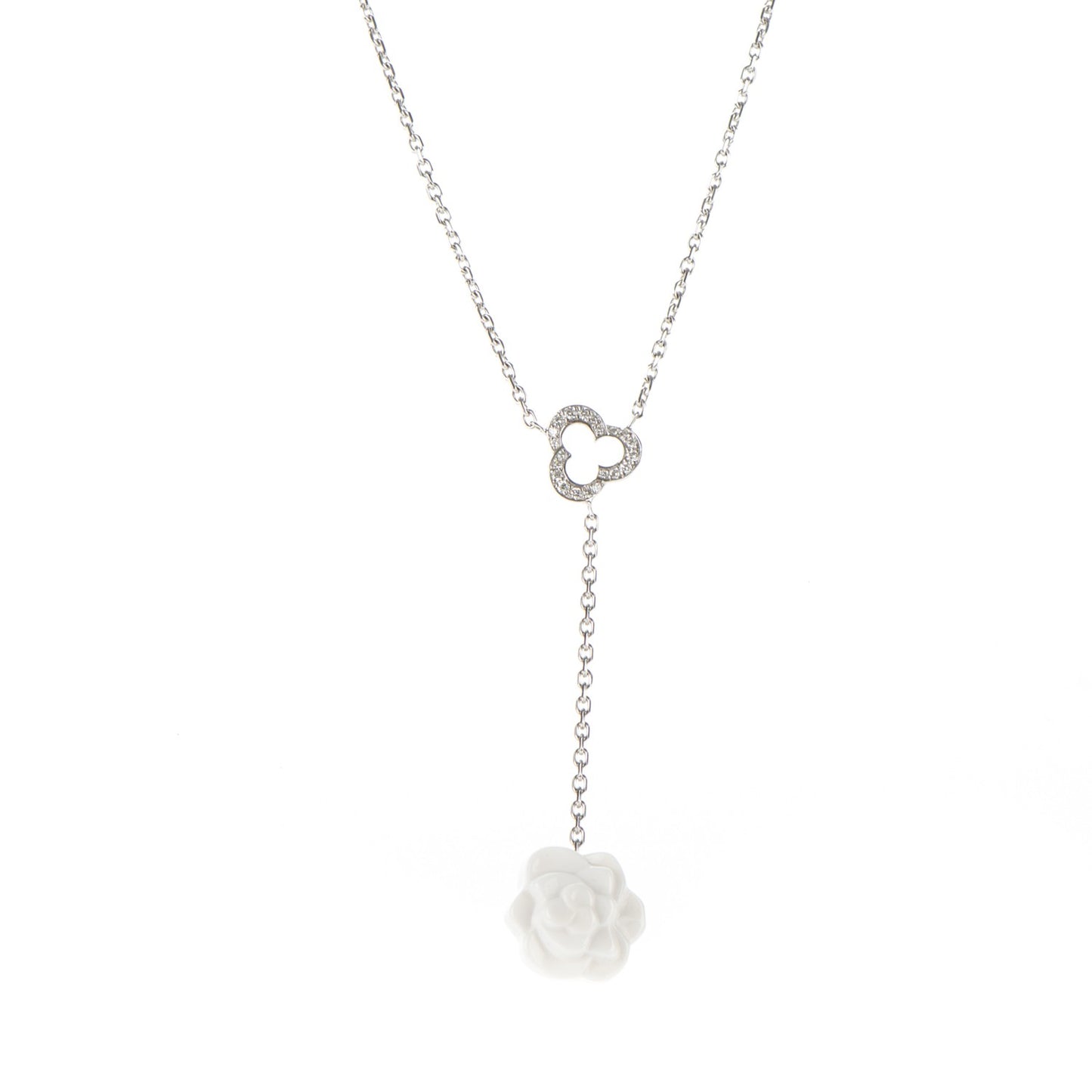 18K White Gold Diamond Agate Camelia Sculpte Pendant Necklace