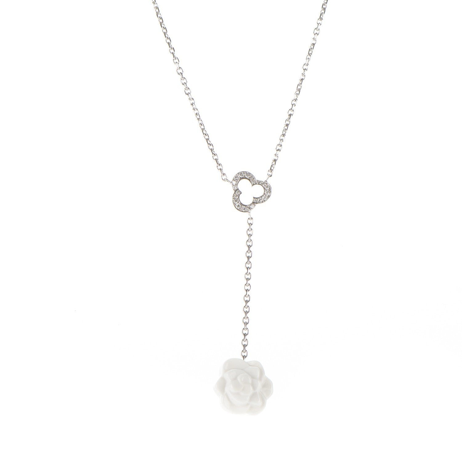 Chanel 18K White Gold Diamond Agate Camelia Sculpte Pendant Necklace 3 of 5