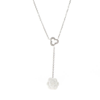 Chanel 18K White Gold Diamond Agate Camelia Sculpte Pendant Necklace 3 of 5