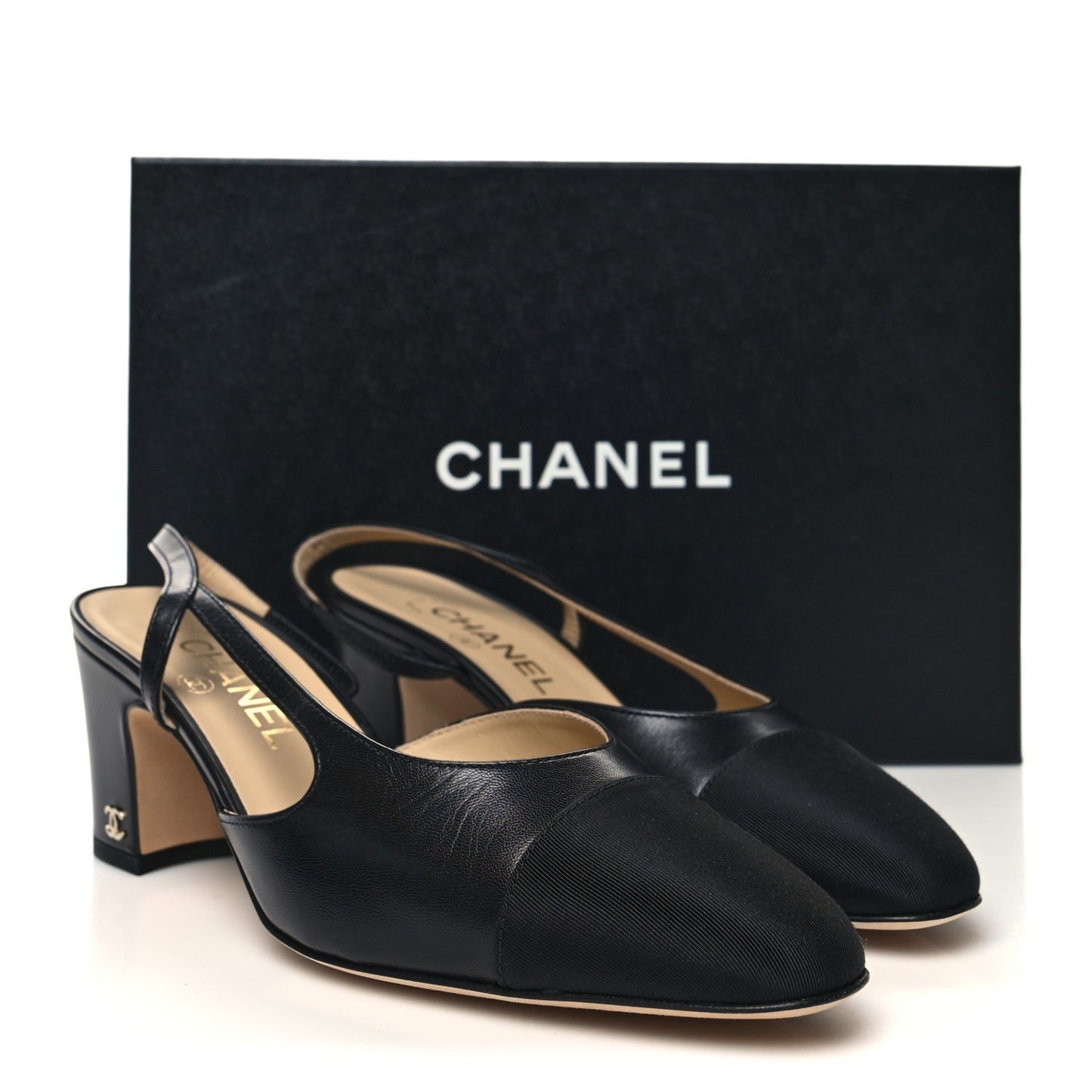 Goatskin Grosgrain Cap Toe CC Slingback Sandals 38.5 Black