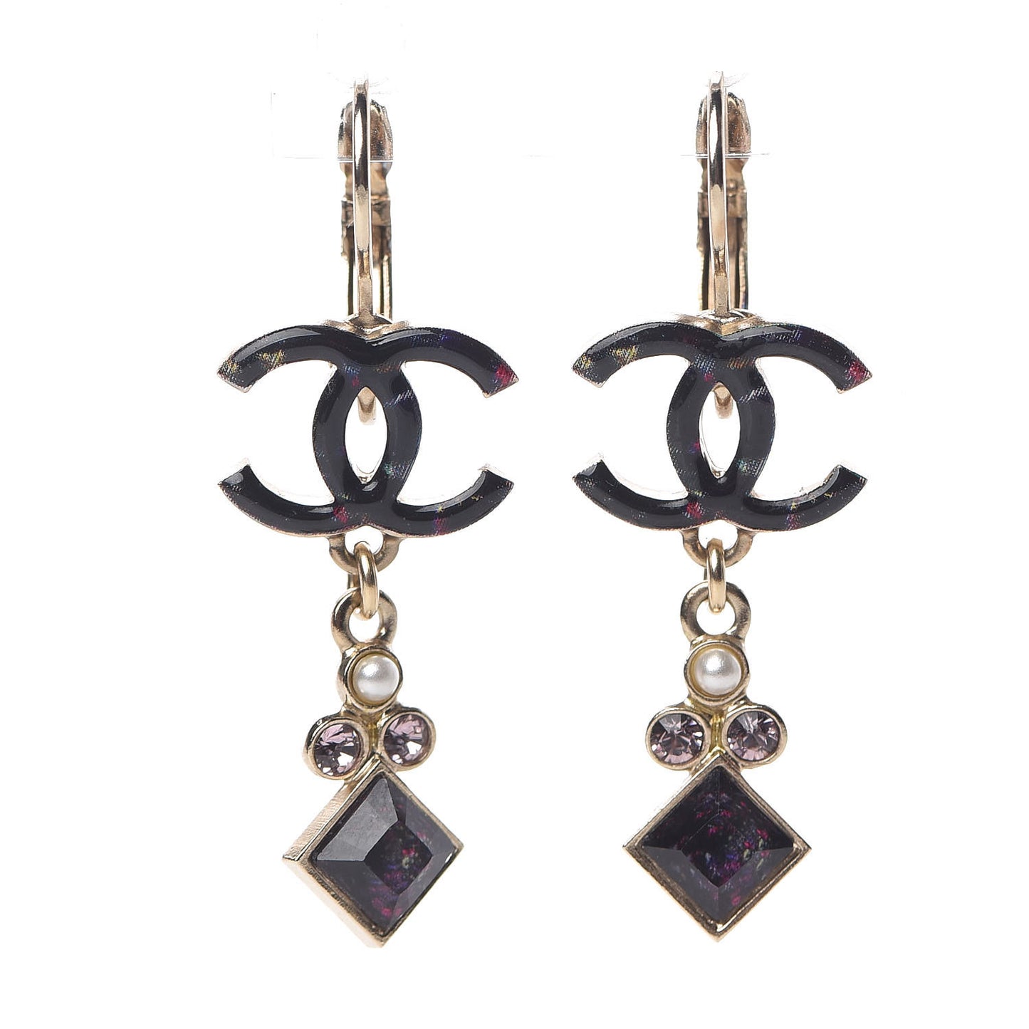 Pearl Crystal Glass Resin CC Drop Earrings Gold Purple