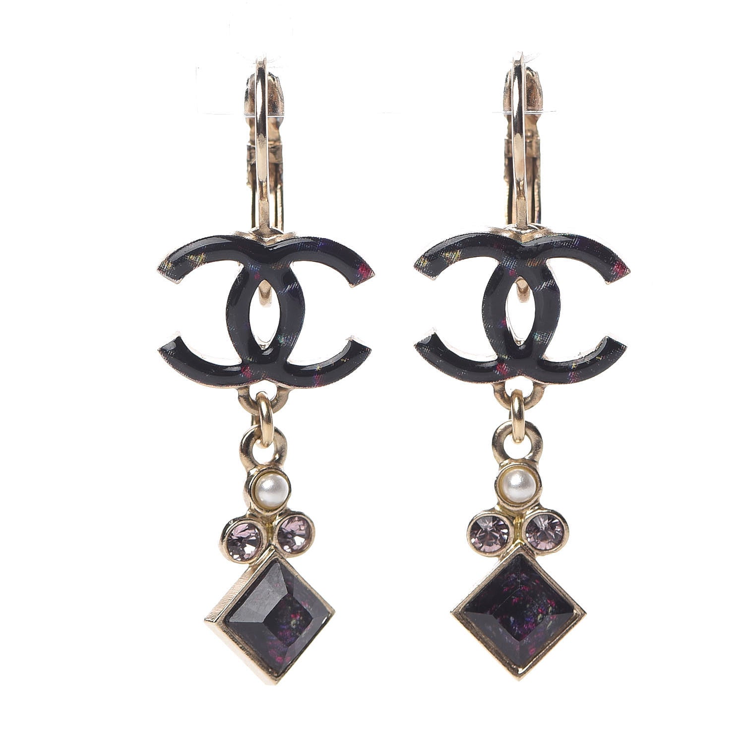 Chanel Pearl Crystal Glass Resin CC Drop Earrings Gold Purple 1 of 5