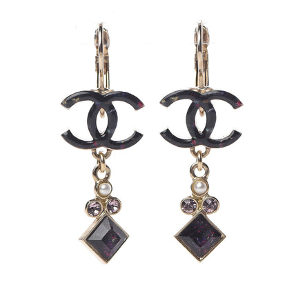 Chanel Pearl Crystal Glass Resin CC Drop Earrings Gold Purple 1 of 5
